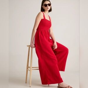 NWT: Quince 100% Organic Cotton Gauze Smocked Wide Leg Jumpsuit in Wild Cherry
